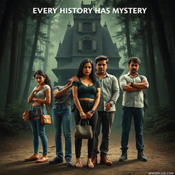 A cinematic horror comedy film poster titled 'Every History Has Mystery'