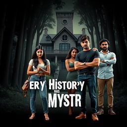 A cinematic horror comedy film poster titled 'Every History Has Mystery'