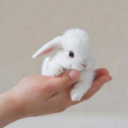 Tiny, white bunny named Luna, holding a mystery object delicately in her small paws.