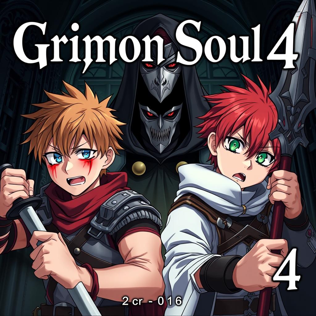 A dark fantasy anime cover titled "Grimon Soul 4" featuring two 18-year-old boys, both angry and scared