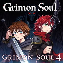 A dark fantasy anime cover titled "Grimon Soul 4" featuring two 18-year-old boys, both angry and scared