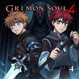 A dark fantasy anime cover titled "Grimon Soul 4" featuring two 18-year-old boys, both angry and scared