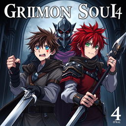 A dark fantasy anime cover titled "Grimon Soul 4" featuring two 18-year-old boys, both angry and scared