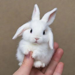 Tiny, white bunny named Luna, holding a mystery object delicately in her small paws.