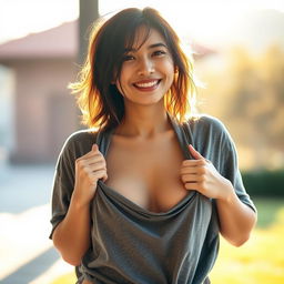 An Asian woman playfully pulling up her t-shirt, revealing her belly button