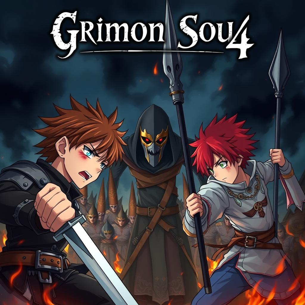 A dark fantasy anime cover titled "Grimon Soul 4" featuring two 18-year-old boys, both angry yet fearful