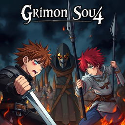 A dark fantasy anime cover titled "Grimon Soul 4" featuring two 18-year-old boys, both angry yet fearful