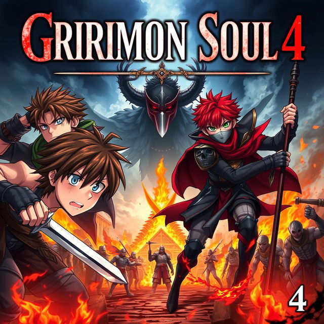 A dark fantasy anime cover titled "Grimon Soul 4" featuring two 18-year-old boys, both angry yet fearful