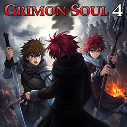 A dark fantasy anime cover titled "Grimon Soul 4" featuring two 18-year-old boys, both angry yet fearful