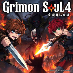 A dark fantasy anime cover titled "Grimon Soul 4" featuring two 18-year-old boys, both angry yet fearful