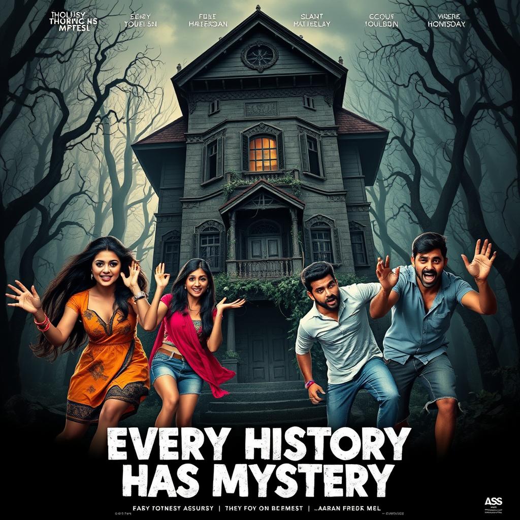 A horror comedy film poster titled 'Every History Has Mystery', featuring two beautiful 25-year-old Indian women and three handsome 30-year-old Indian men