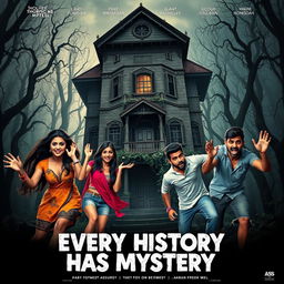 A horror comedy film poster titled 'Every History Has Mystery', featuring two beautiful 25-year-old Indian women and three handsome 30-year-old Indian men