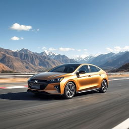 A stunning Hyundai electric vehicle (EV) finished in a luxurious matte gold color is depicted energetically driving on a race track