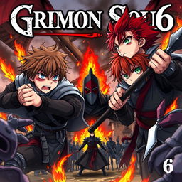 A dark fantasy anime cover titled "Grimon Soul 6" featuring two 18-year-old boys, both angry and fearful