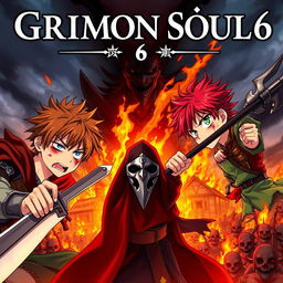 A dark fantasy anime cover titled "Grimon Soul 6" featuring two 18-year-old boys, both angry and fearful