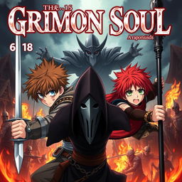 A dark fantasy anime cover titled "Grimon Soul 6" featuring two 18-year-old boys, both angry and fearful