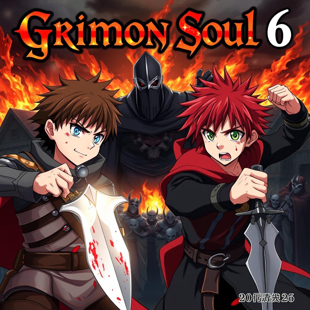 A dark fantasy anime cover titled "Grimon Soul 6" featuring two 18-year-old boys, both angry and fearful