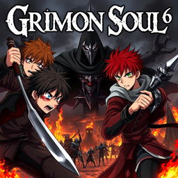 A dark fantasy anime cover titled "Grimon Soul 6" featuring two 18-year-old boys, both angry and fearful