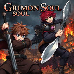 A dark fantasy anime cover titled "Grimon Soul 6" featuring two 18-year-old boys, both angry and fearful