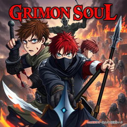 A dark fantasy anime cover titled "Grimon Soul 6" featuring two 18-year-old boys, both angry and fearful