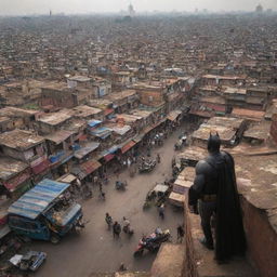 Batman surveying the intricate alleyways of Old Delhi from a rooftop. Iconic Indian landmarks, vibrant market stalls, and tuk-tuks burst through the chaos below.