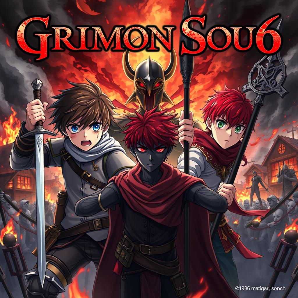 A dark fantasy anime cover titled "Grimon Soul 6" featuring two 18-year-old boys, both exhibiting anger and fear