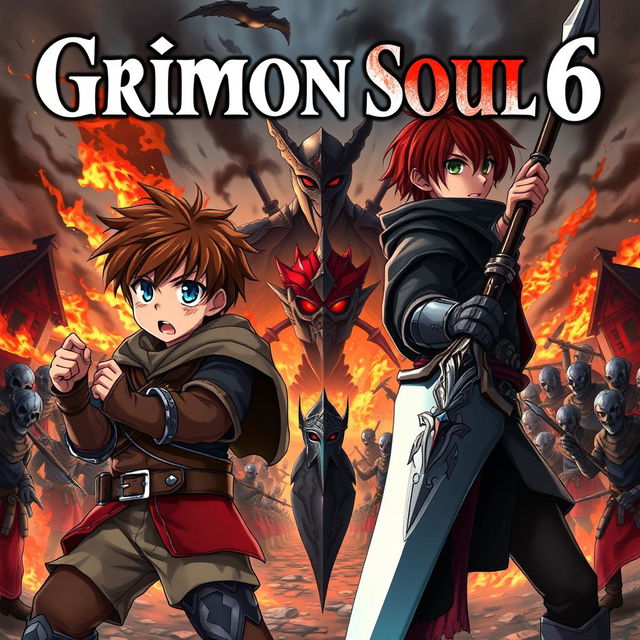 A dark fantasy anime cover titled "Grimon Soul 6" featuring two 18-year-old boys, both exhibiting anger and fear