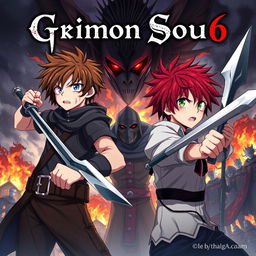 A dark fantasy anime cover titled "Grimon Soul 6" featuring two 18-year-old boys, both exhibiting anger and fear