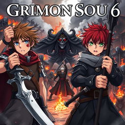 A dark fantasy anime cover titled "Grimon Soul 6" featuring two 18-year-old boys, both exhibiting anger and fear