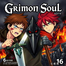 A dark fantasy anime cover titled "Grimon Soul 6" featuring two 18-year-old boys, both displaying anger and fear