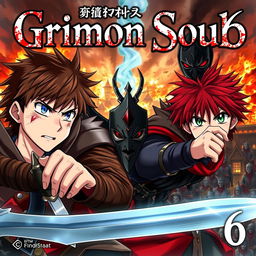 A dark fantasy anime cover titled "Grimon Soul 6" featuring two 18-year-old boys, both displaying anger and fear