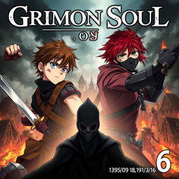 A dark fantasy anime cover titled "Grimon Soul 6" featuring two 18-year-old boys, both displaying anger and fear