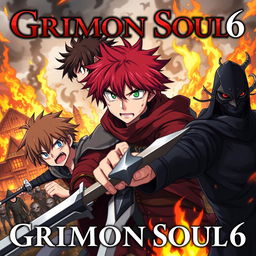 A dark fantasy anime cover titled "Grimon Soul 6" featuring three 18-year-old boys, all showing anger and fear as they battle