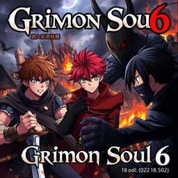 A dark fantasy anime cover titled "Grimon Soul 6" featuring three 18-year-old boys, all showing anger and fear as they battle