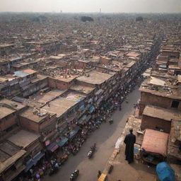 Batman surveying the intricate alleyways of Old Delhi from a rooftop. Iconic Indian landmarks, vibrant market stalls, and tuk-tuks burst through the chaos below.