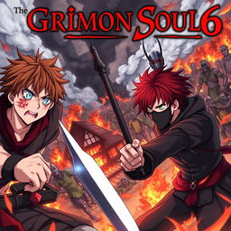 A dark fantasy anime cover titled "Grimon Soul 6" featuring three 18-year-old boys, all showing anger and fear as they battle