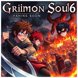 A dark fantasy anime cover titled "Grimon Soul 6" featuring three 18-year-old boys, all showing anger and fear as they battle