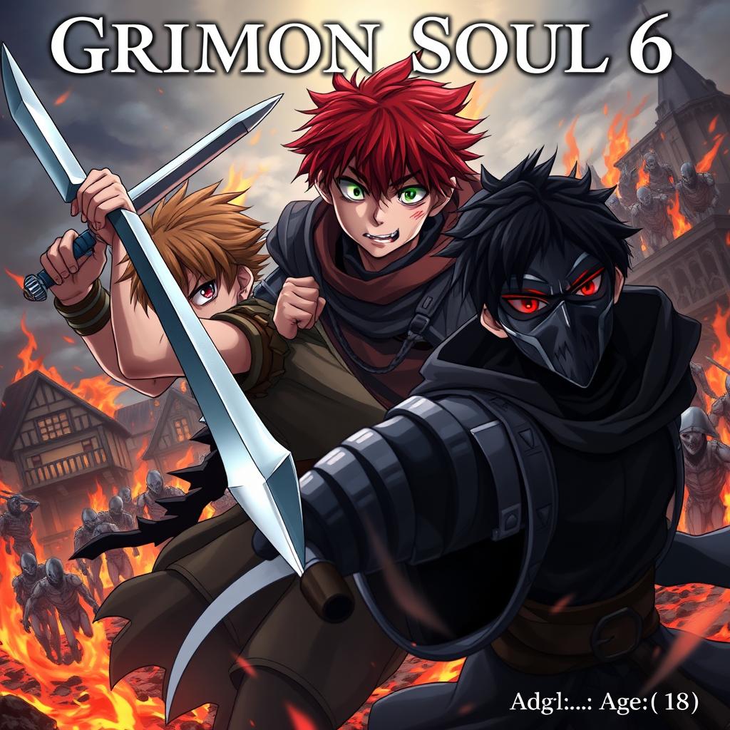 A dark fantasy anime cover titled "Grimon Soul 6" featuring three 18-year-old boys displaying anger and fear in a fierce battle scene