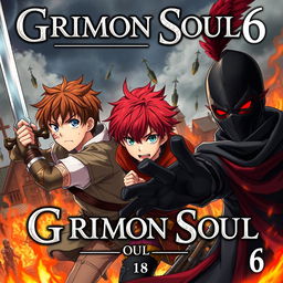 A dark fantasy anime cover titled "Grimon Soul 6" featuring three 18-year-old boys displaying anger and fear in a fierce battle scene