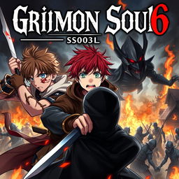 A dark fantasy anime cover titled "Grimon Soul 6" featuring three 18-year-old boys displaying anger and fear in a fierce battle scene