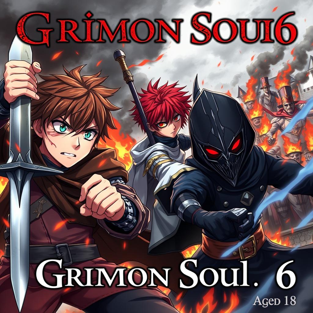 A dark fantasy anime cover titled "Grimon Soul 6" featuring three 18-year-old boys displaying anger and fear in a fierce battle scene