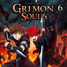 A dark fantasy anime cover titled "Grimon Soul 6" featuring three 18-year-old boys, all showing anger and fear as they engage in battle