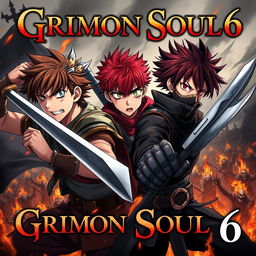 A dark fantasy anime cover titled "Grimon Soul 6" featuring three 18-year-old boys, all showing anger and fear as they engage in battle