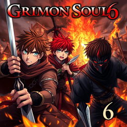 A dark fantasy anime cover titled "Grimon Soul 6" featuring three 18-year-old boys, all showing anger and fear as they engage in battle