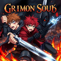 A dark fantasy anime cover titled "Grimon Soul 6" featuring three 18-year-old boys, all showing anger and fear as they engage in battle