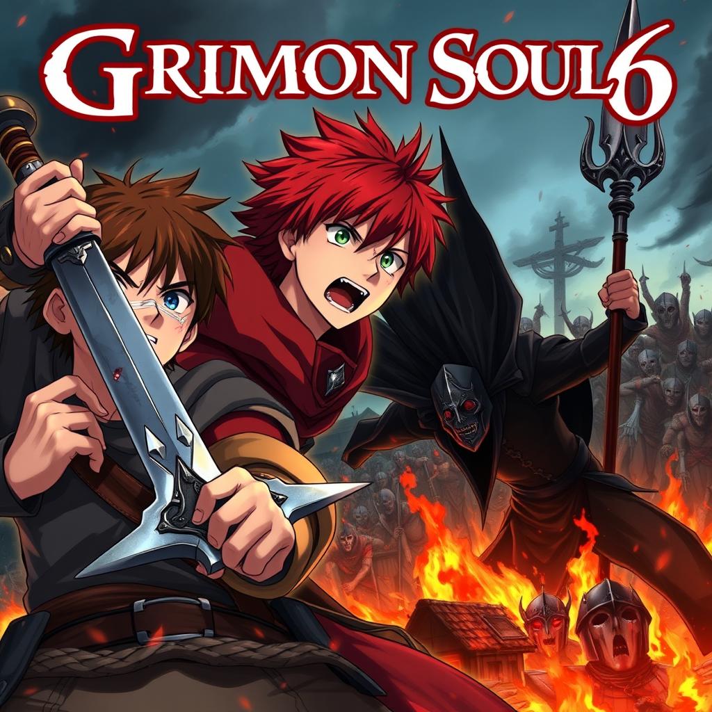 A dark fantasy anime cover titled "Grimon Soul 6" featuring three 18-year-old boys caught in an intense battle, expressing anger and fear