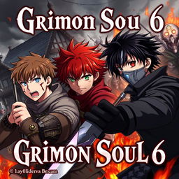 A dark fantasy anime cover titled "Grimon Soul 6" featuring three 18-year-old boys caught in an intense battle, expressing anger and fear