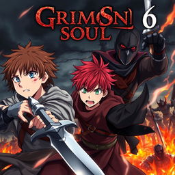 A dark fantasy anime cover titled "Grimon Soul 6" featuring three 18-year-old boys caught in an intense battle, expressing anger and fear