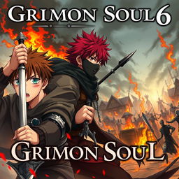 A dark fantasy anime cover titled "Grimon Soul 6" featuring three 18-year-old boys caught in an intense battle, expressing anger and fear