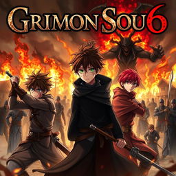 A dark fantasy anime cover titled "Grimon Soul 6" showcasing three 18-year-old boys in an intense battle, filled with anger and fear